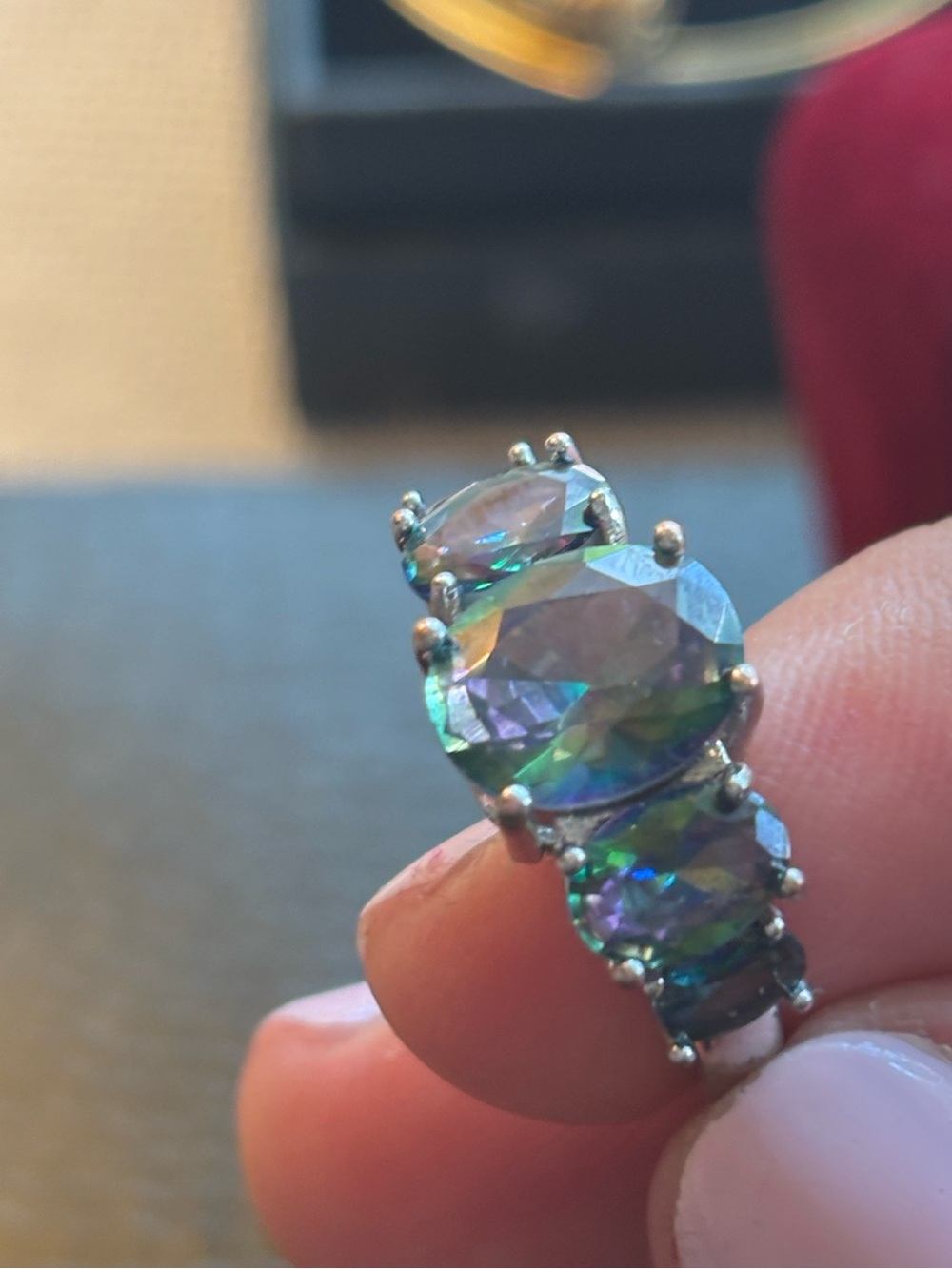 Mystic Topaz Triple-Stone Silver Ring - Green/Blue